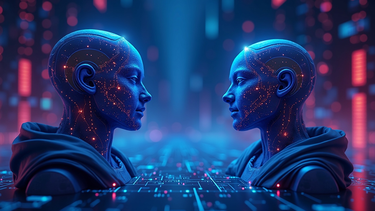 Illustration of AI agents with cryptographic identities, a zero-knowledge shield, and a neon blockchain background.