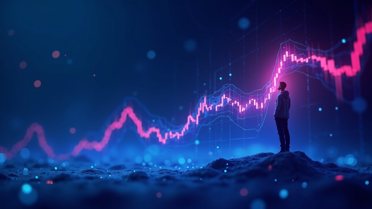 Neon illustration of COIN rising: Ark Invest motif and futuristic crypto chart with a blue-cyan-purple glow.