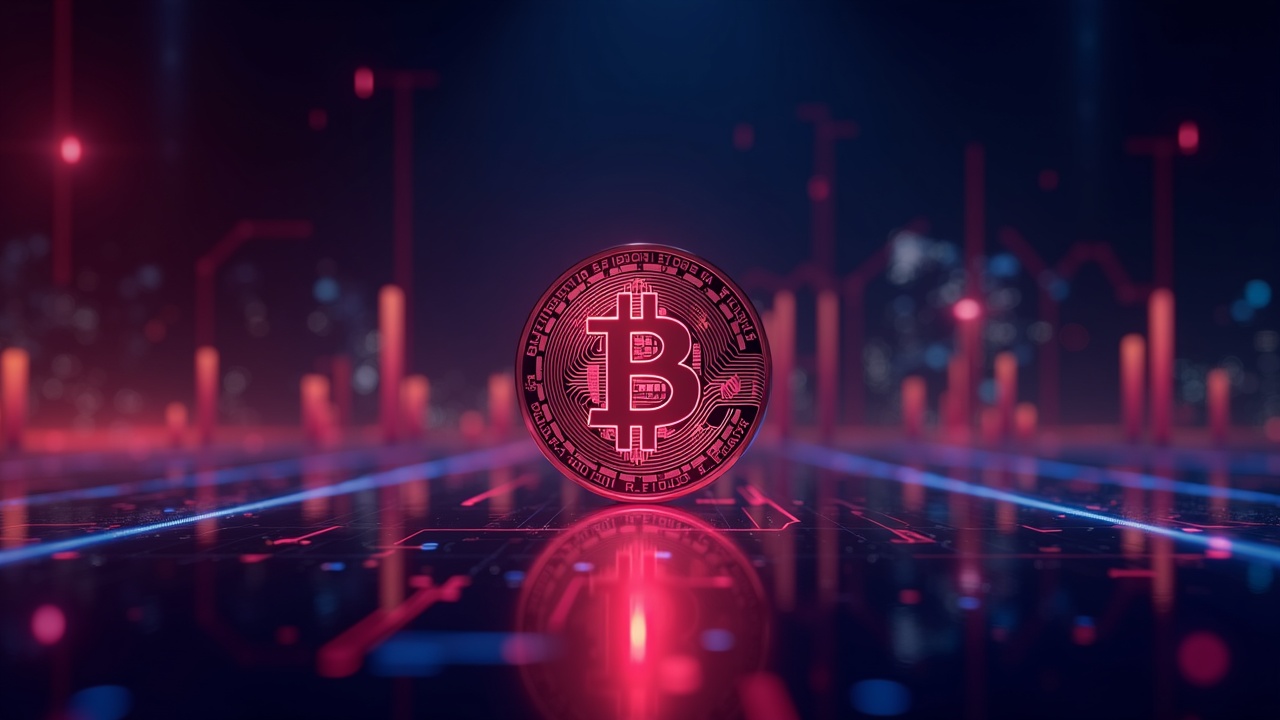 Bitcoin on a neon trading floor, spot above futures, shining on-chain metrics and a futuristic aesthetic.