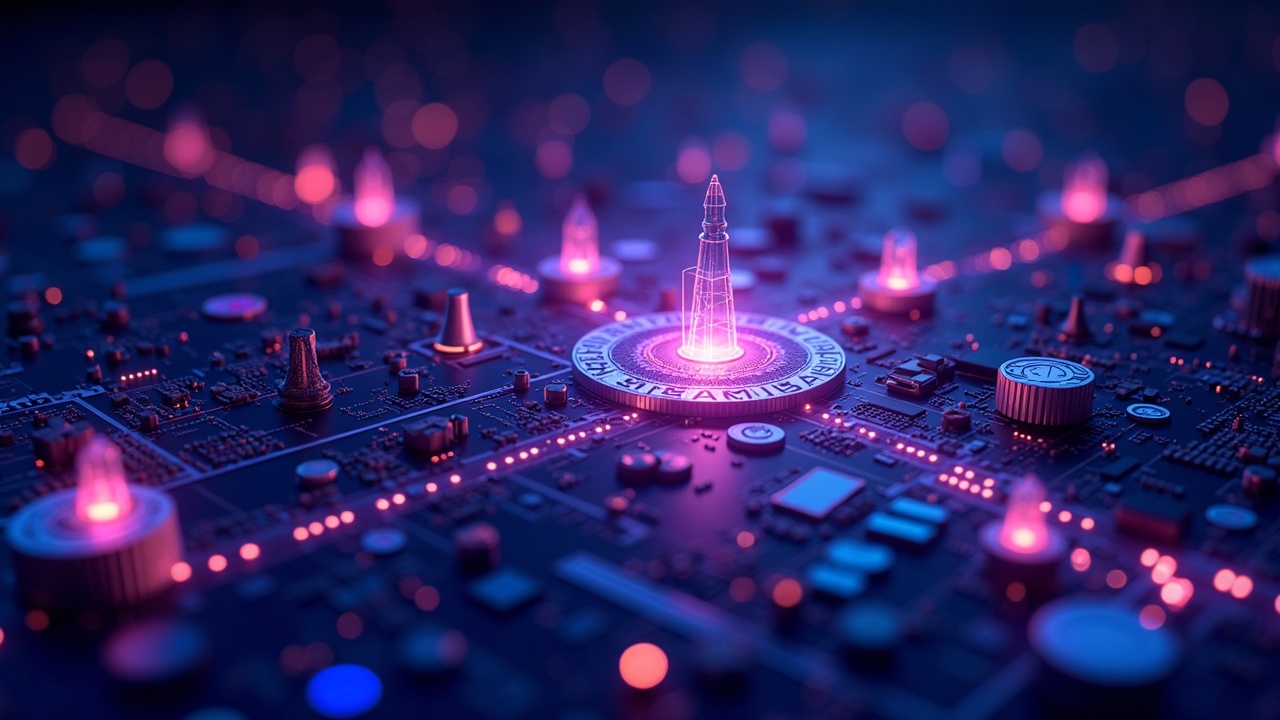 Neon illustration of Bayani tokenizing real‑world assets in the Philippines: stocks, bonds and funds on the blockchain.