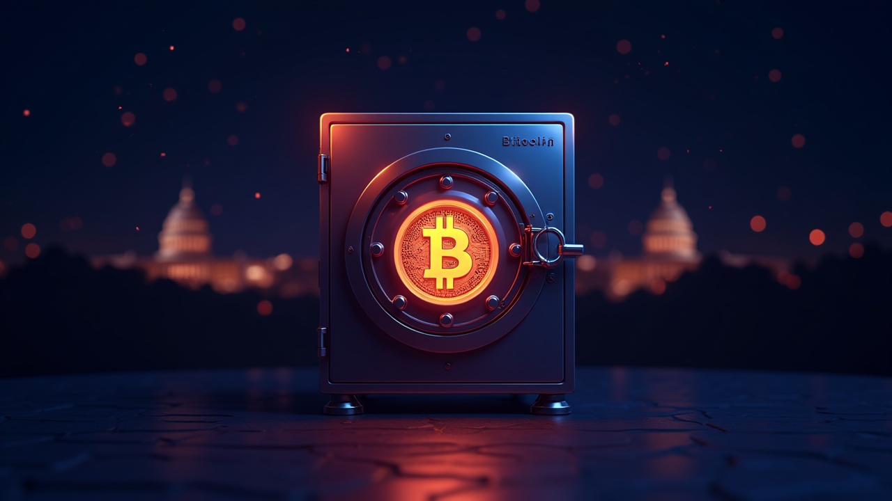 Bitcoin cold-storage vault with Capitol silhouette, multisig keys and neon digital background.