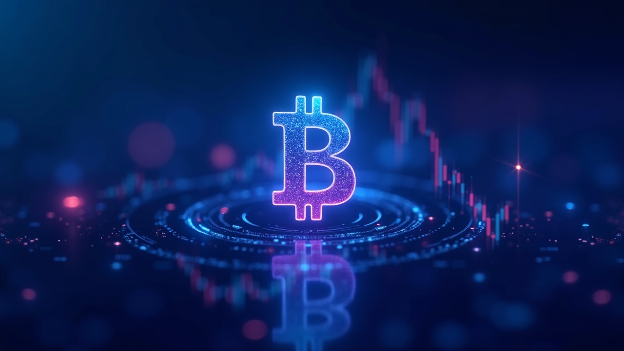 Futuristic illustration of Bitcoin in the center with blue-neon highlights, ETF outflow arrows, and a market chart in the background.