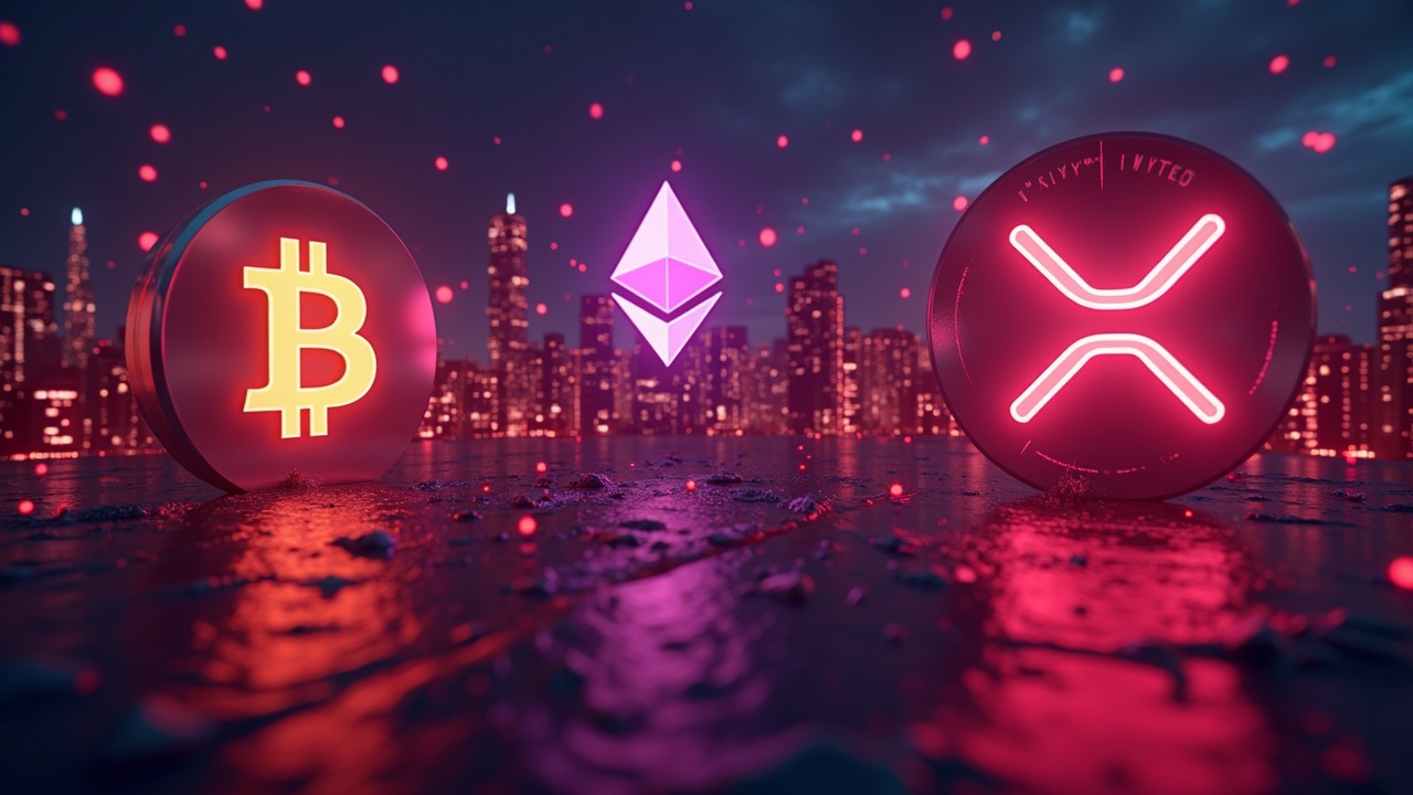 Logos of Bitcoin, Ethereum and XRP emerge in a neon crypto city; red charts fall and liquidations are visible.