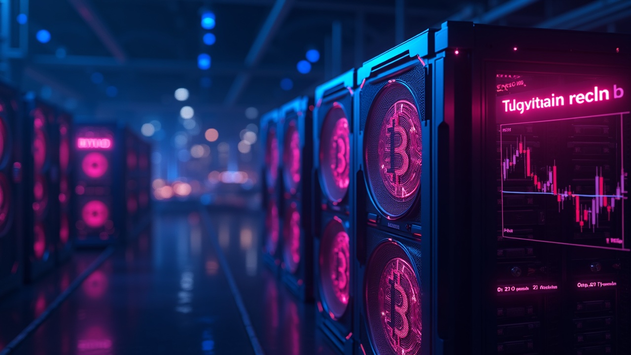 Neon-lit Bitcoin mining farm with sleek ASIC rigs, floating hashprice charts, against a blurred city-energy grid backdrop.