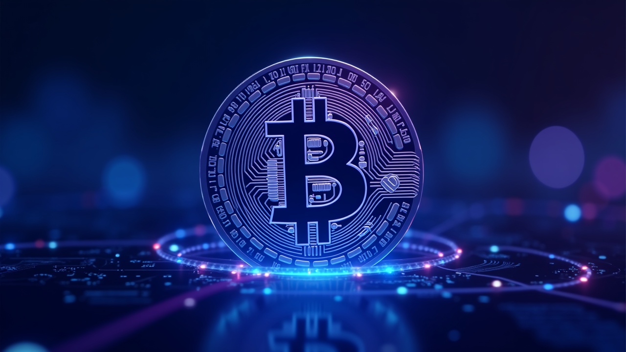 Bitcoin in front of a stylized quantum computer, central coin with 3D lattice and neon blue and purple glow.