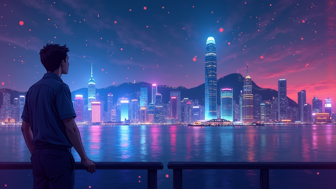 Illustration of Bitkub envisioning an IPO in Hong Kong, neon and crypto tickers, with a futuristic trading interface.