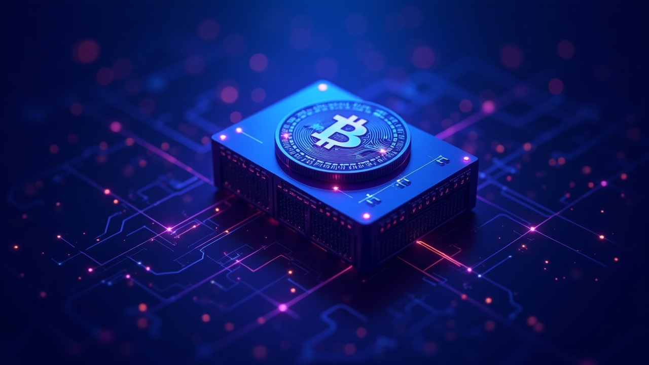 Illustration of Bitcoin mining with a Bitmain ASIC in the center, blue and purple glow, cyber background with a surveillance tone.