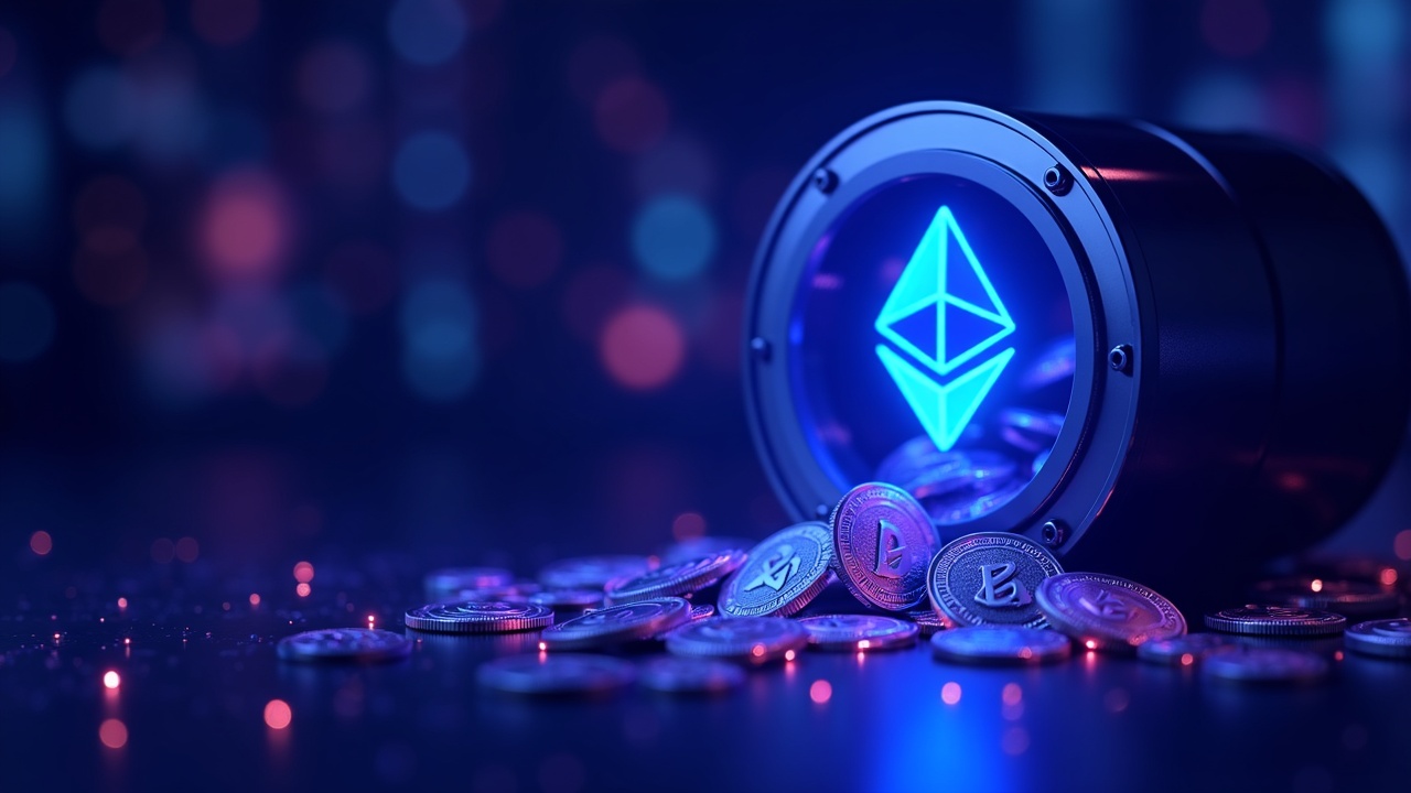 Hyperreal neon crypto scene: BitMine treasury absorbing ETH with blue glow and 3D ETH tokens flowing into a vault.