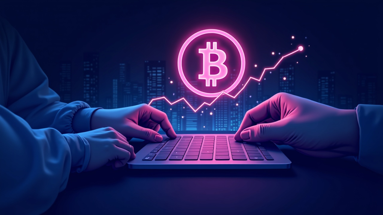 Neon illustration of a glowing Bitcoin ETF symbol rising over data dashboard with institutional hands in a futuristic city.
