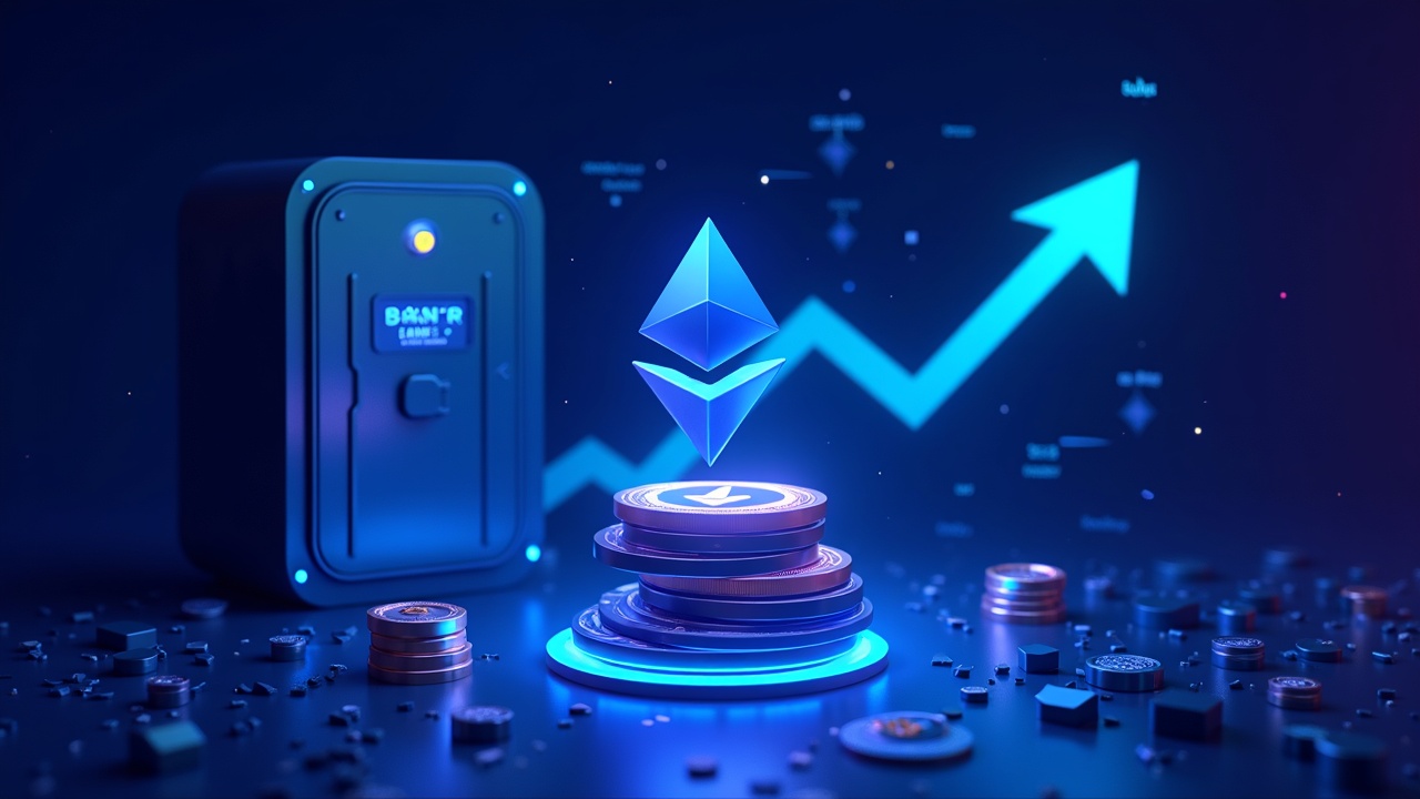 Digital illustration of Ethereum vaults alongside the BMNR ticker and blue/cyan/purple highlights, symbolizing treasury and buyback.