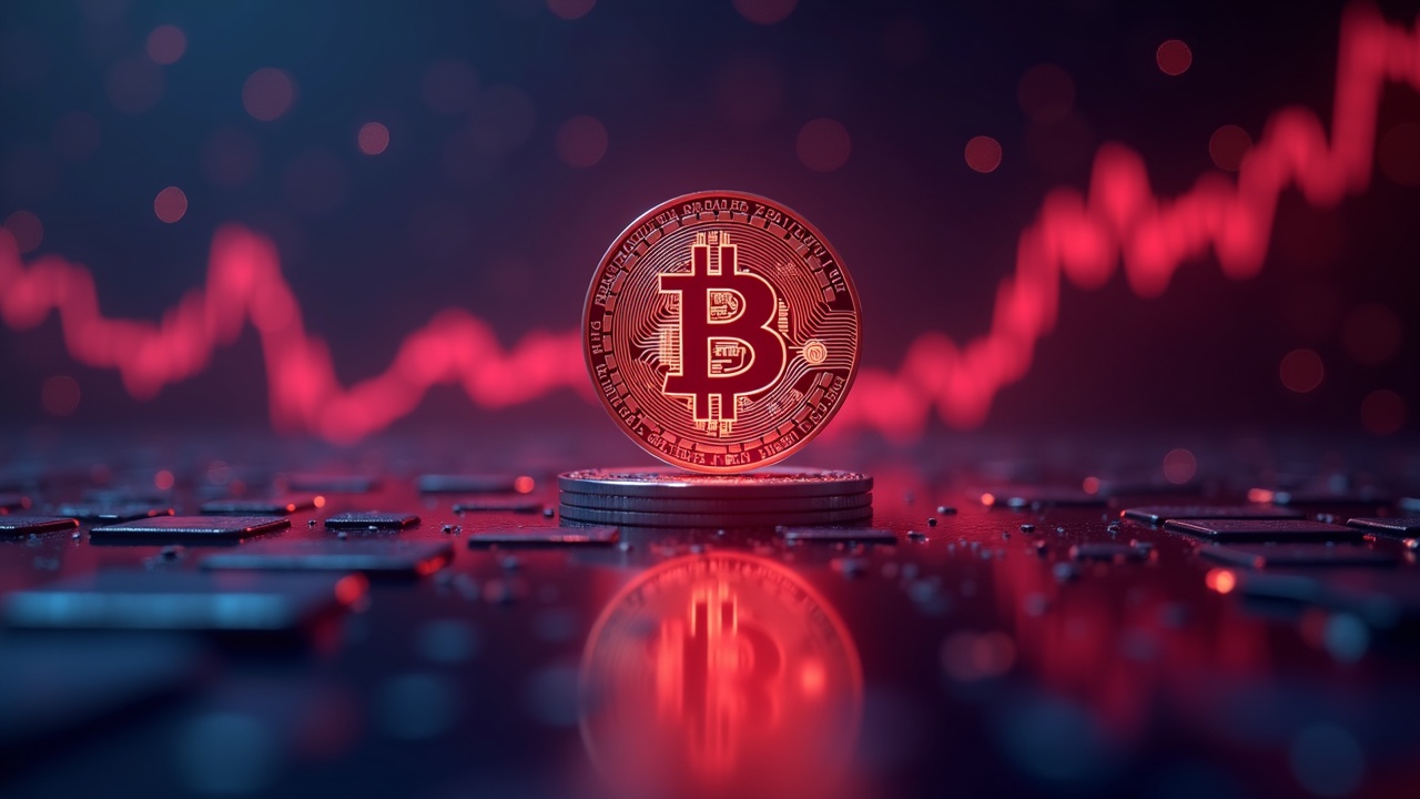 Neon Bitcoin with price chart from 95k to 112k, soft background conveying volatility.