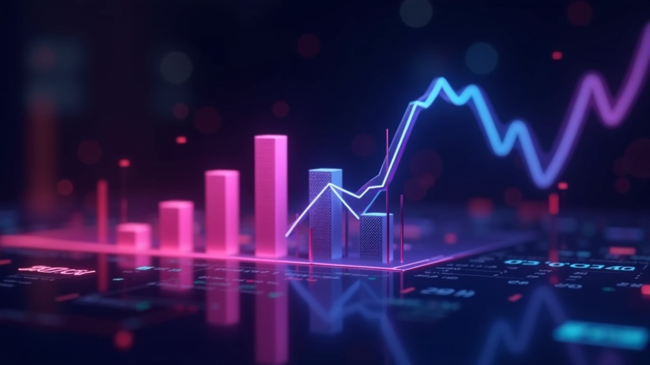 Split neon view: rising revenue bars and a falling price line, futuristic crypto background.