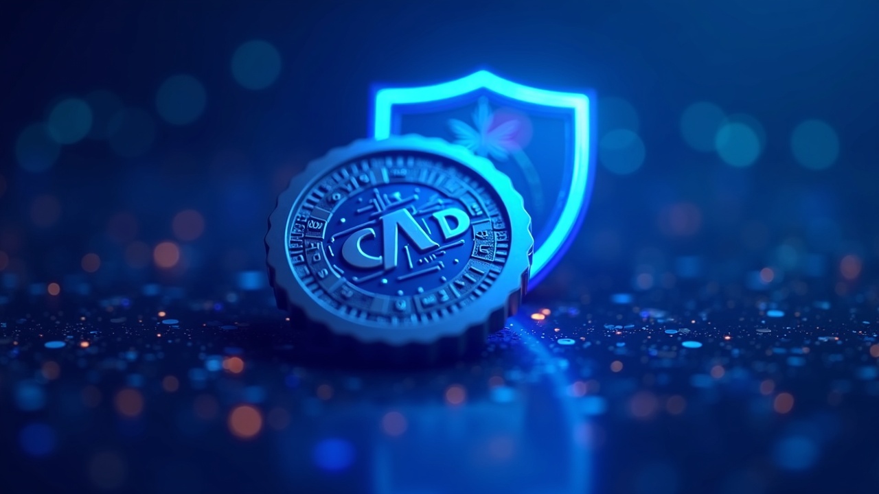 Neon CAD-backed stablecoin under Bank of Canada oversight with a digital shield and blue glow