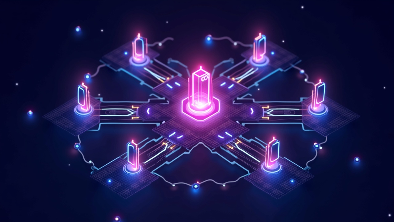 Neon 3D illustration of a central cross-chain hub powering Celestia, with bright data flowing between gates.