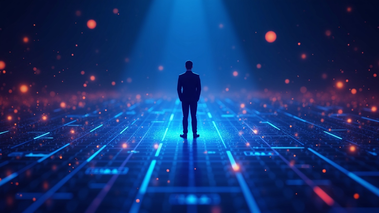 Neon illustration of crypto with a CEO figure in the center and a holographic blockchain mesh, professional regulatory tone.