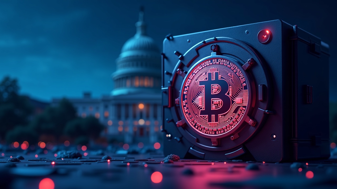 Bitcoin in the foreground in front of a strategic reserve vault, with legislative skyscrapers and a neon blue background.