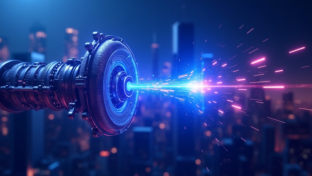 Hyperrealistic crypto engine loses power with a blue and purple glow; exit arrows emerge from a digital turbine in front of a blurred Wall Street skyline