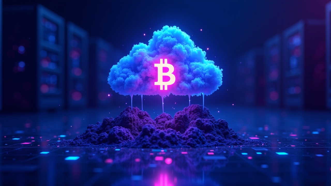 Crypto illustration: Bitcoin and mining rigs connected to a futuristic AI data center in blue neon.