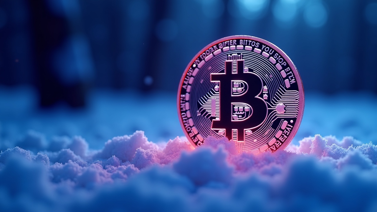 Neon cryptocurrency header with Bitcoin in a winter scene, institutional adoption and decentralization, with 3D depth and blue-violet bokeh.