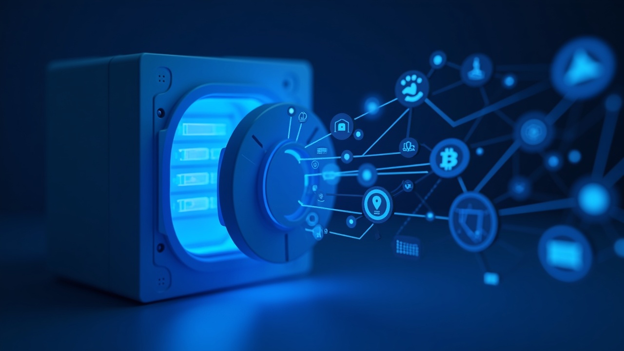 Neon illustration of a banking-grade crypto custody vault fused with digital icons, blue glow.