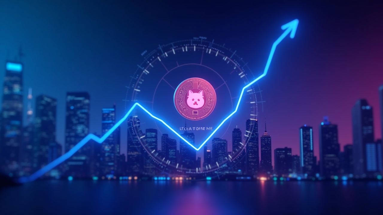 Dogecoin in the foreground with a descending chart, digital urban background with blue‑cyan‑magenta neon.