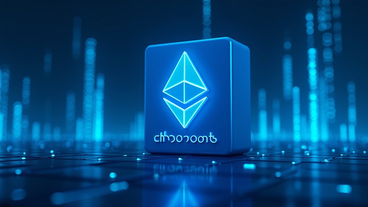 Futuristic scene of Ethereum: central block with gas at 60M and Fusaka data in the background, blue lighting