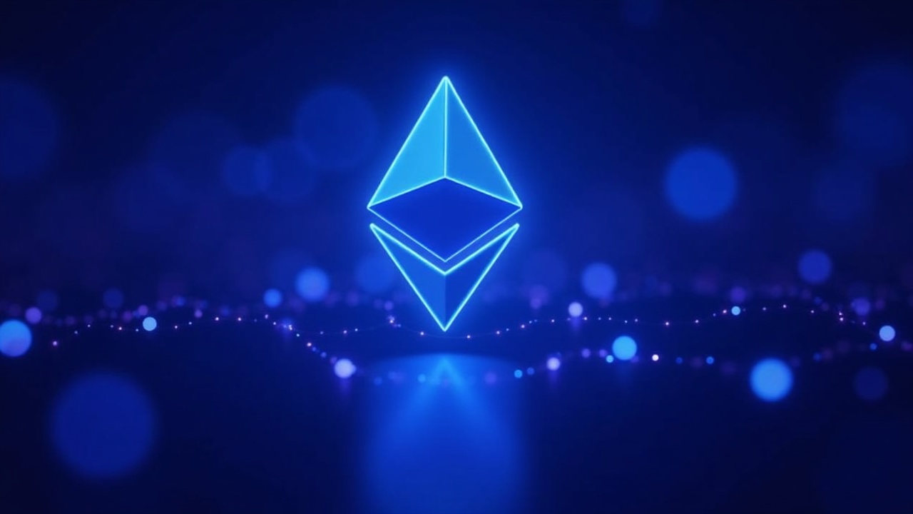 Luminous Ether token connecting to a secure network, blue-purple neon and bokeh background, Fusaka and decentralization
