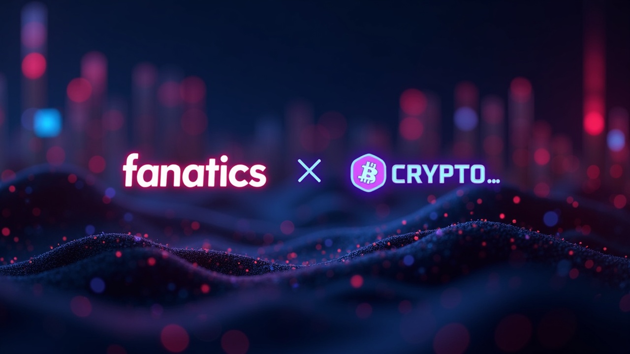 Futuristic neon scene: Fanatics and Crypto.com connected to a binary prediction market with yes/no contracts and 3D