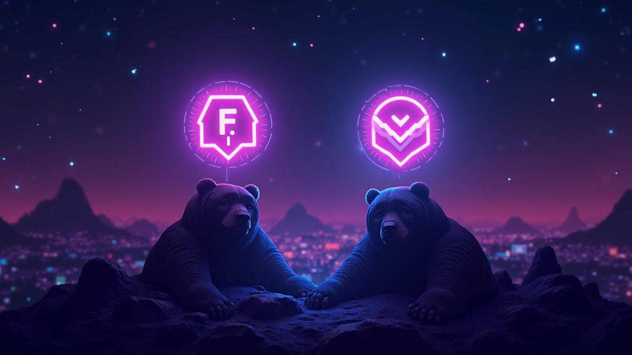 Two DeFi tokens, FLUID and WMTX, shine over a neon city, symbolizing infrastructure in a bear market.