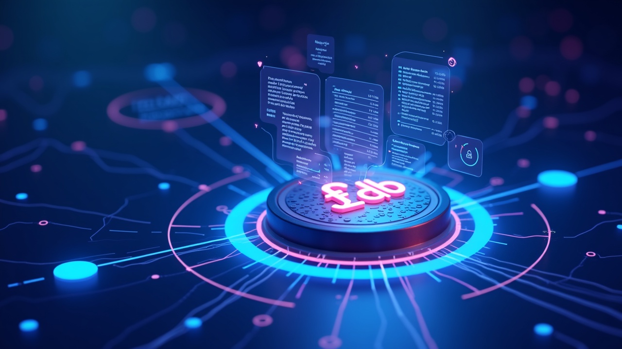 Neon 3D scene: USDtb token in the center, rewards data, charts and vault, blue-cyan-magenta lighting.