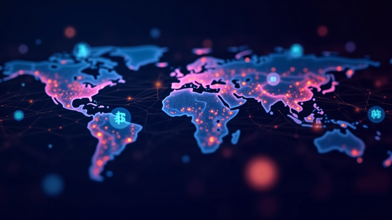 Neon illustration of a global crypto network with flows between exchanges, silhouette of a regulator and dark bokeh background