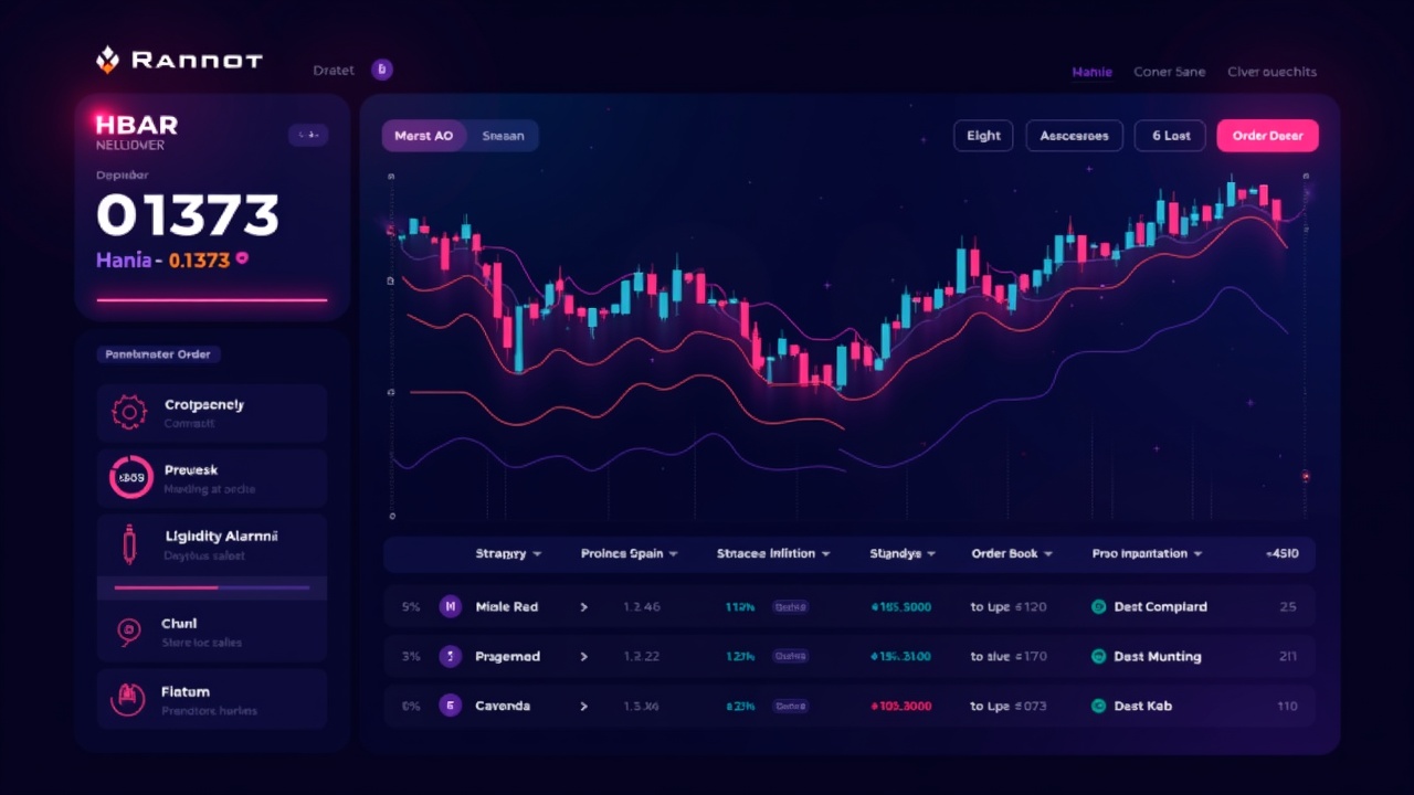Neon illustration of cryptocurrency with drop to 0.1373 and liquidity alerts on an order book
