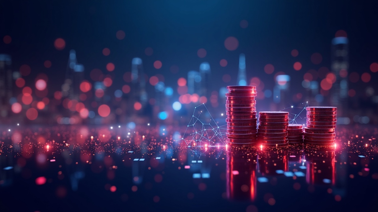Neon crypto-relief scene with coins and blockchain nodes flowing toward a Hong Kong skyline with a glowing bokeh backdrop.