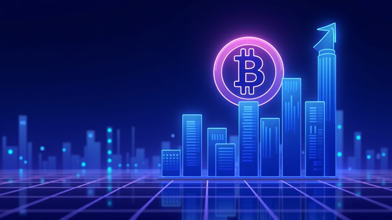 Bitcoin coin ascending over a digital chart, with abstract skyscrapers and a cyan-purple blue halo.