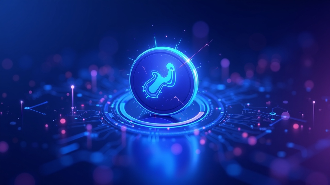 Neon illustration of ICP breaking resistance with volume, background suggestive of an order book