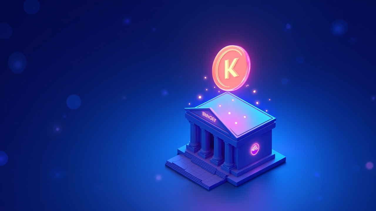 Neon illustration of a KRW-backed stablecoin floating above a modern bank, with a blue-pink glow.