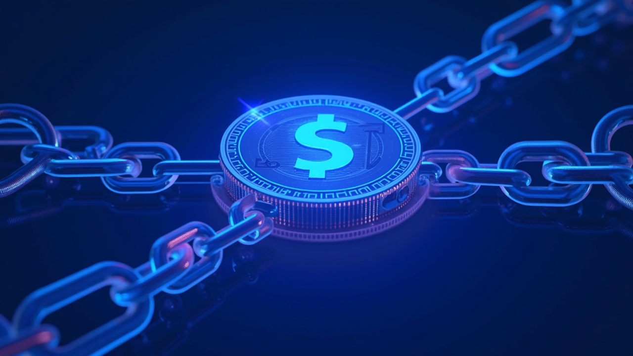 KlarnaUSD on Stripe's Tempo chain: central token with blockchain nodes and blue neon lights.