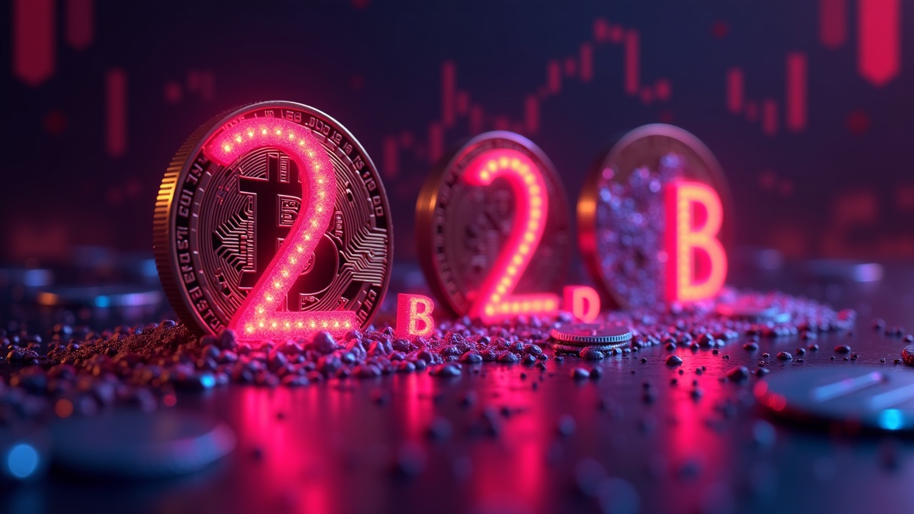 Neon cyberpunk illustration of Bitcoin, XRP and Dogecoin falling amid liquidations of 2,2 billion.