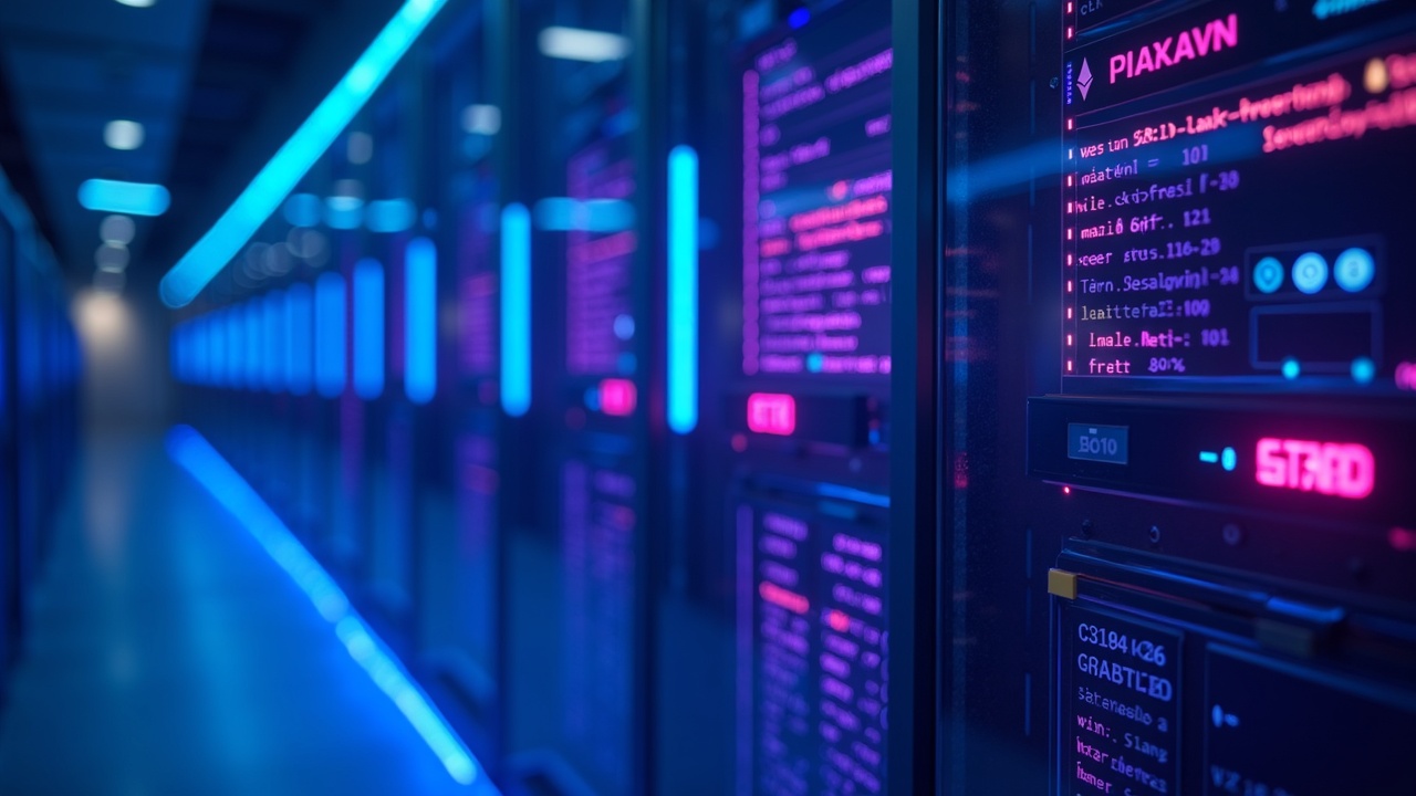 Ethereum staking data center illuminated in neon with MAVAN validators, blue-cyan-pink tones.