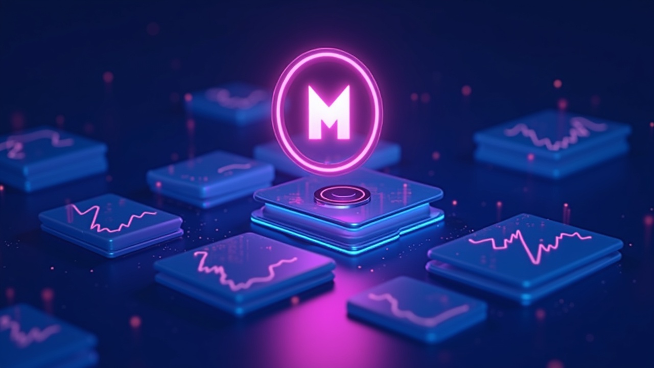 Neon illustration of the MON token in the center, price drop and blurred trading screens in cyan and pink.