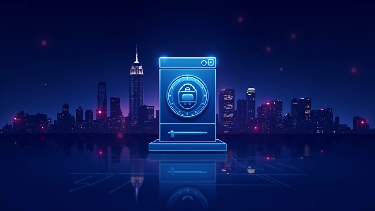 Neon illustration of an institutional crypto custodian, a digital vault and the New York skyline with a blue glow.