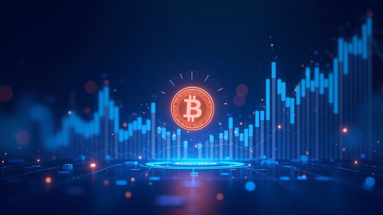 Futuristic illustration of neon Bitcoin over a 90k chart, with mining rigs and a bokeh background in cyan-blue and purple tones.