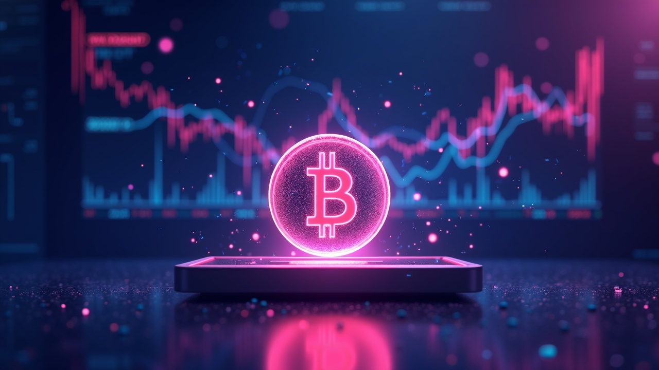 Neon illustration of the crypto market with holographic Bitcoin and Ethereum, macro charts and AI fears in the background.