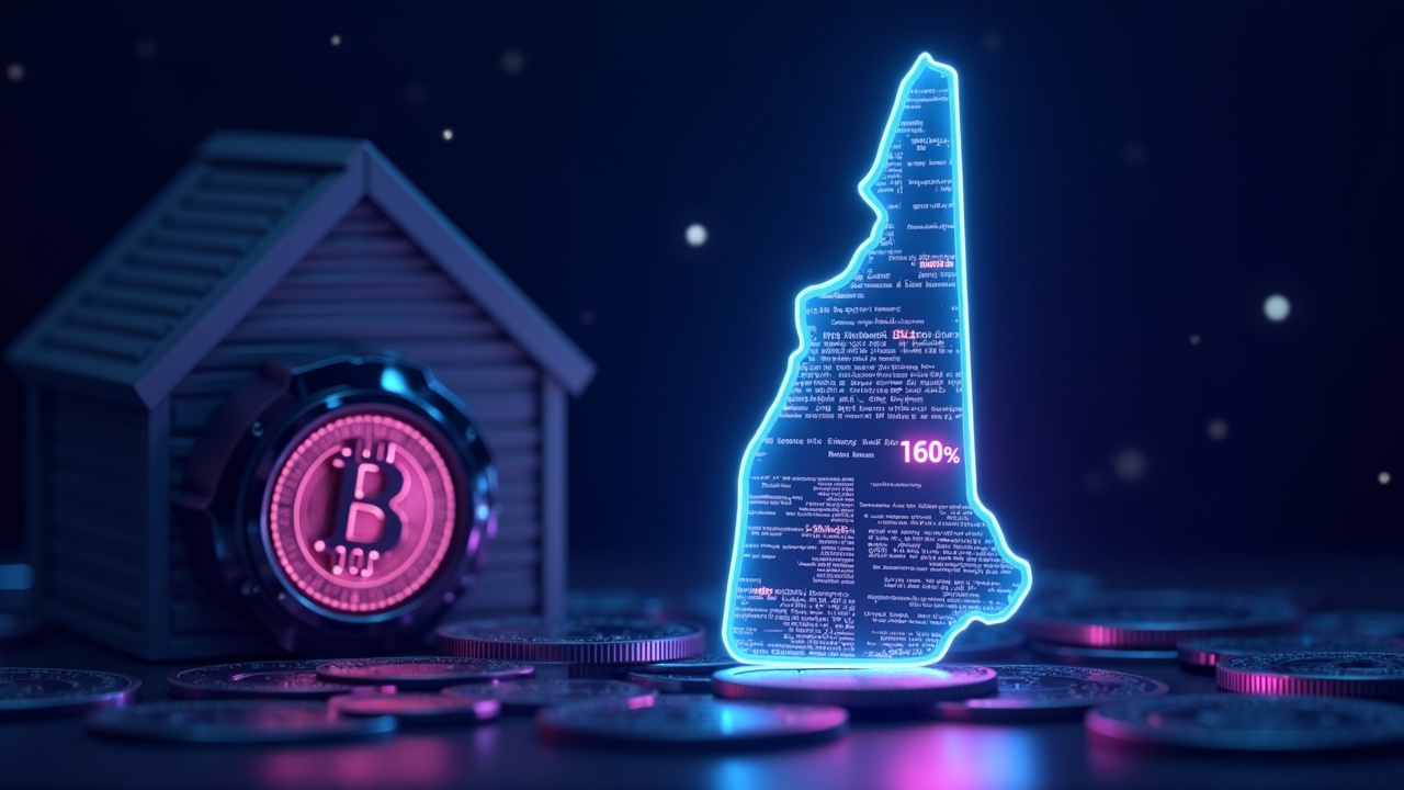 NH municipal bond backed by Bitcoin, overcollateralized at 160%, with a futuristic custody vault and state silhouette.