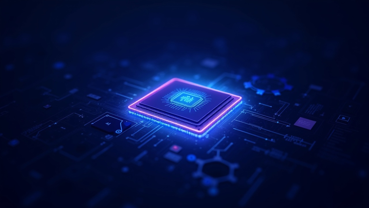 Neon AI chip in center, blue-cyan/purple haze and hexagonal grid graphics over a data center.