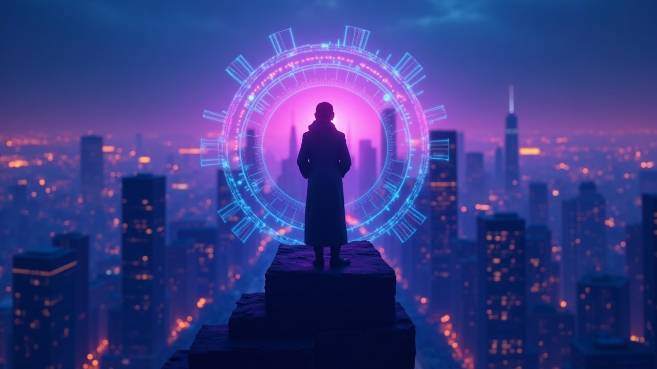 Neon New York skyline, silhouette of a lawyer shaping crypto policy, 3D circuits and blue-pink tones