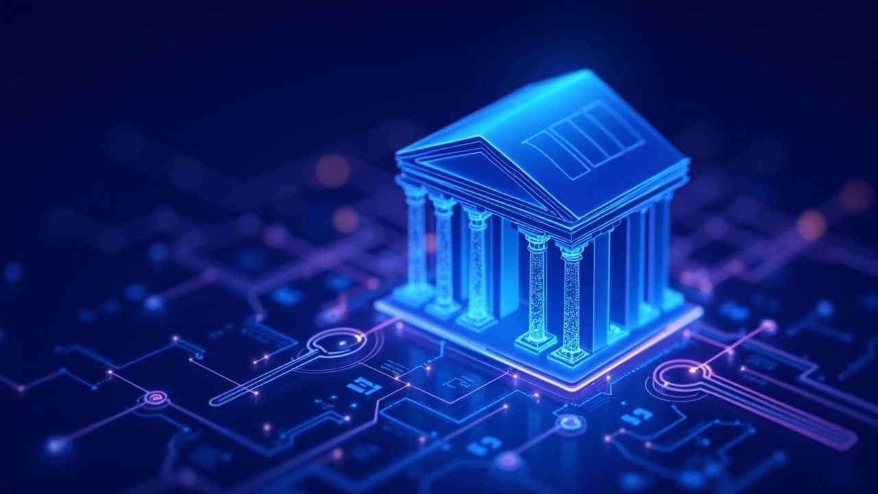 Bank transforming into a luminous blockchain network, digital keys and on-chain transactions; neon blue lighting.