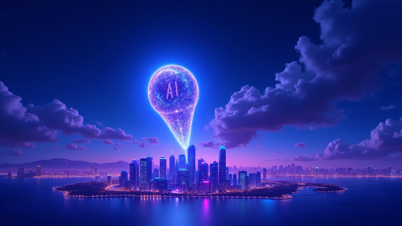 Neon illustration of a giant pin about to pop an AI bubble over a city inspired by blockchain.