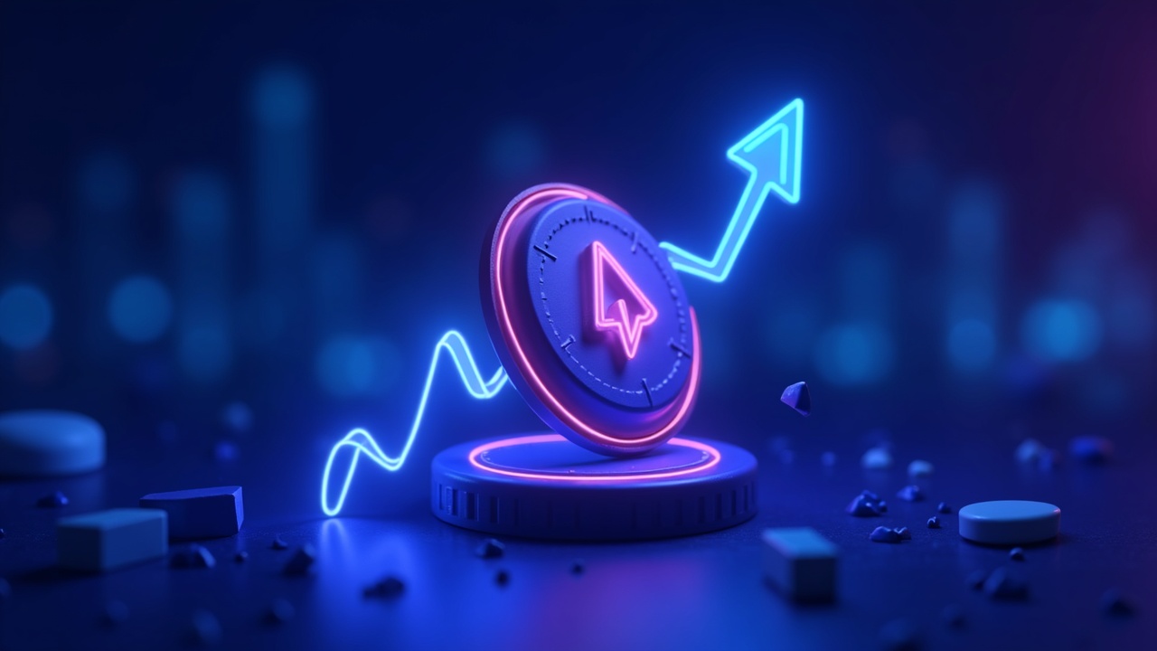 Neon illustration of a RADAR token falling, downward arrow, paused platform interface and blue-cyan-purple glow