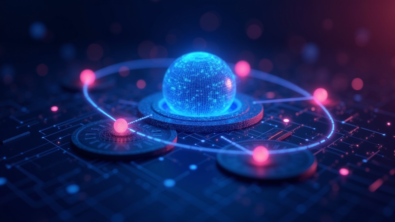 Neon illustration of a fintech neobank with stable USD and EUR orbiting a blue globe and payment network lines.